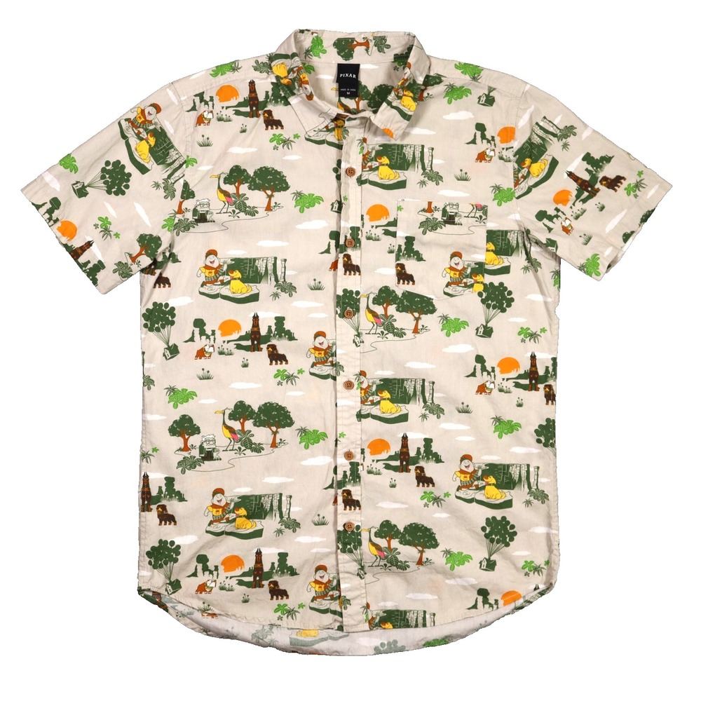 Pixar Up All Over Print Button Down Shirt Mens M Tan Russell Dug Kevin Carl 2021